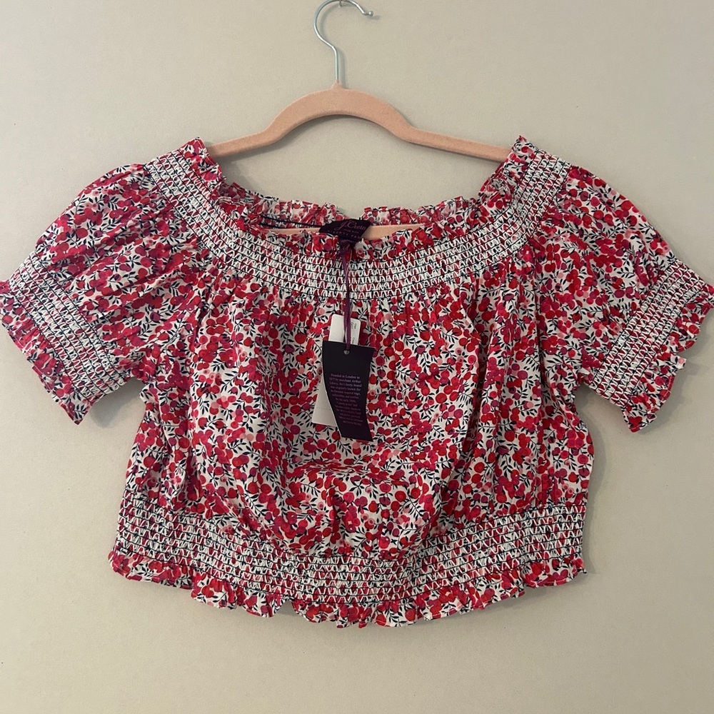 J. Crew Red Floral Smocked Blouse